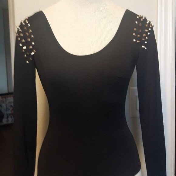 NWT VAMPED BOUTIQUE Rough Edges Bodysuit Black Spiked shoulders goth academia SM - Picture 3 of 7